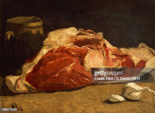 Still life with a quarter of meat by Claude Monet , oil on canvas, 24x33 cm. ; Paris, Musée D'Orsay .