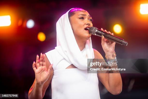 Joy Crookes performs onstage at the Gobi tent during the 2023 Coachella Valley Music and Arts Fesival on April 16, 2023 in Indio, California.