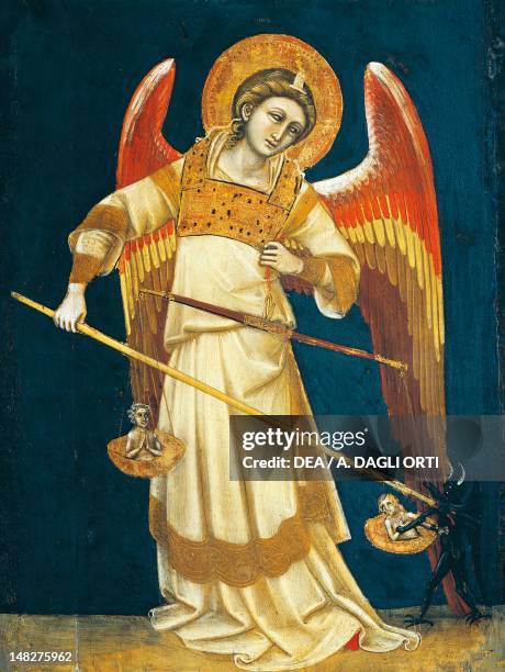 The archangel Michael weighing souls, ca 1354, by Guariento , tempera on panel. ; Padova, Musei Civici Eremitani, Museo D'Arte Medievale E Moderna .
