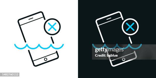 smartphone not waterproof. bicolor line icon on black or white background - editable stroke - phone under water stock illustrations