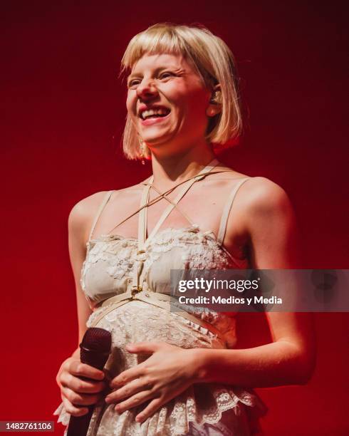 Norwegian singer Aurora Aksnes performing, during a concert at Showcenter Complex on April 16, 2023 in Monterrey, Mexico.