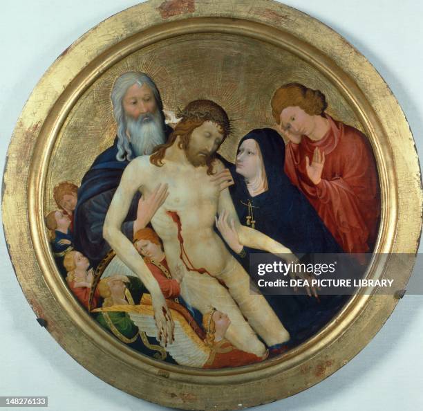 Large Round Pieta, 1400-1410, attributed to Jean Malouel , tempera and gold on panel, diameter 65 cm. ; Paris, Musée Du Louvre.