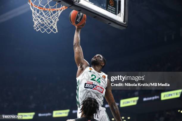 Dwayne Bacon of Panathinaikos Athens dunks on the basket during the 2022/2023 Turkish Airlines EuroLeague match between Partizan Mozzart Bet Belgrade...