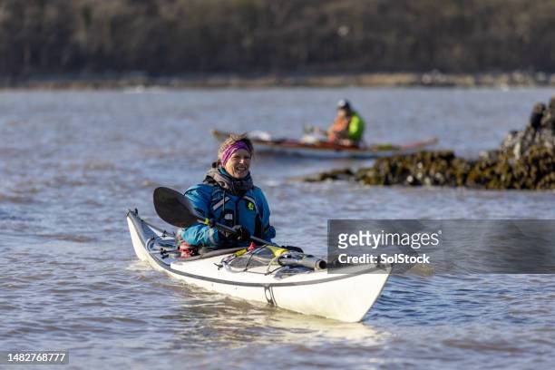 kayaking on the calm waters - zeekajakken stockfoto's en -beelden