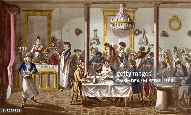 Lunch at Palais Royal by George Cruikshank , coloured engraving taken from Life in Paris, Comprising the Rambles, Sprees, and Amours of Dick...