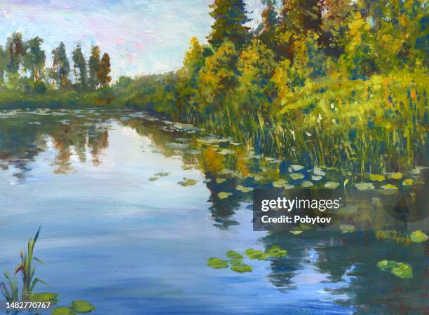summer sunset on the river, oil painting - oil painting flowers stock illustrations