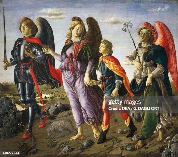 The three Archangels with Tobias, ca 1470, by Francesco Botticini , tempera on wood, 135x154 cm. ; Florence, Galleria Degli Uffizi .