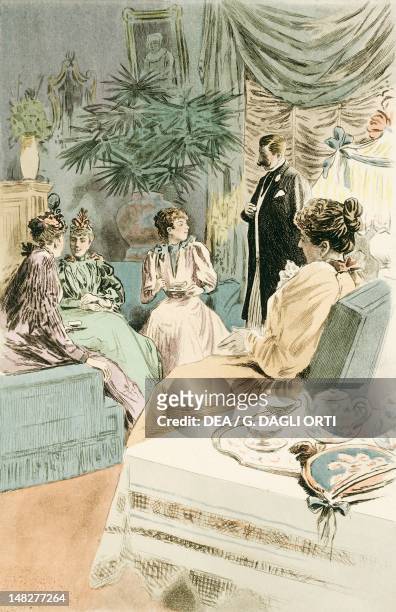 Tea at five painting by Pierre Vidal , engraving by Frederic Masse, from La Femme a Paris, nos contemporaines, by Octave Uzanne . ; .