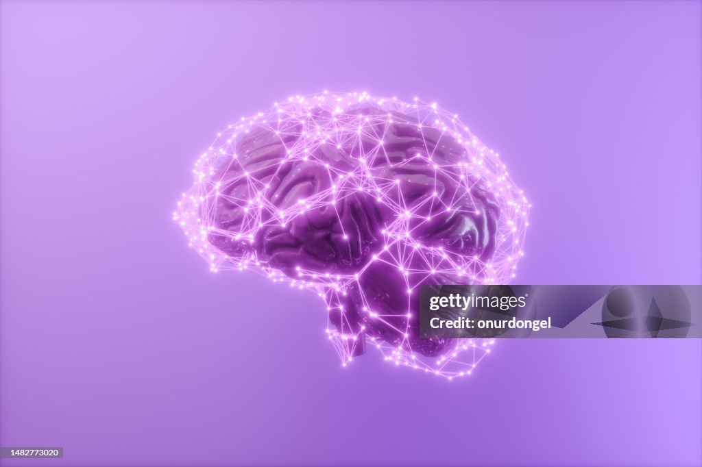 3D-Gehirn des Menschen mit Verbindungspunkten und Plexuslinien. Künstliche Intelligenz und Deep Learning-Konzept. 3D-Rendering