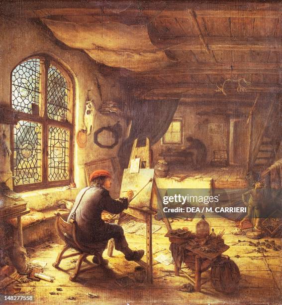 Painter in his studio by Adriaen van Ostade , oil on oak panel, 38x35.5 cm. ; Dresda, Gemäldegalerie Alte Meister .