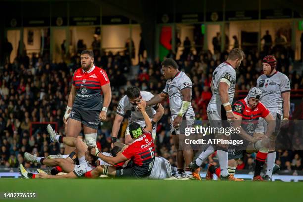 Fault on François Cros of Stade Toulousain during the 22nd Day of TOP 14: Stade Toulousain VS Lou Rugby at Ernest-Wallon Stadium on April 16, 2023 in...