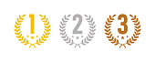 Winning places icons with wreath frame. Award symbol - 1, 2 and 3 place. Golden, silver and bronze laurel wreaths with first, second and third place signs.