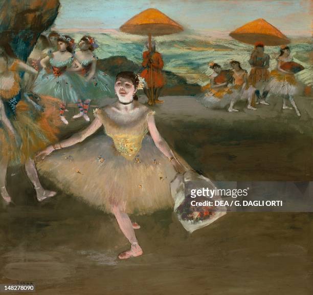 Dancer with a bouquet on the stage by Edgar Degas , pastel on paper mounted on canvas, 72x77 cm. ; Paris, Musée D'Orsay .