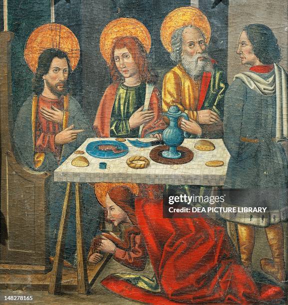 Lunch in the house of Simon the Pharisee with Mary Magdalene drying Jesus' feet with her hair, detail from the Altarpiece of Mary Magdalene, late...