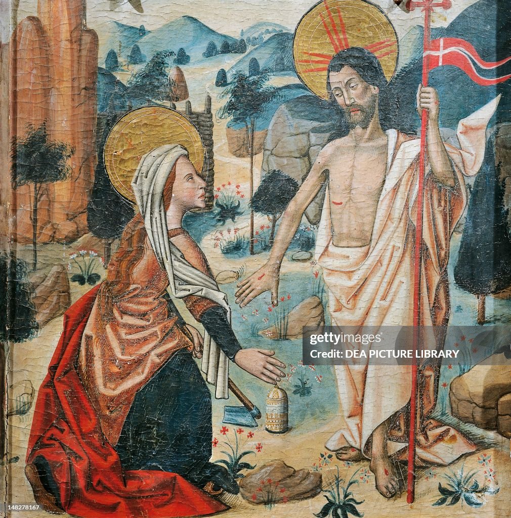 Noli me tangere with Mary Magdalene before the risen Christ, detail from the Altarpiece of Mary Magdalene, late 15th century, an unknown Aragonese artist. (Photo by DeAgostini/Getty Images)
