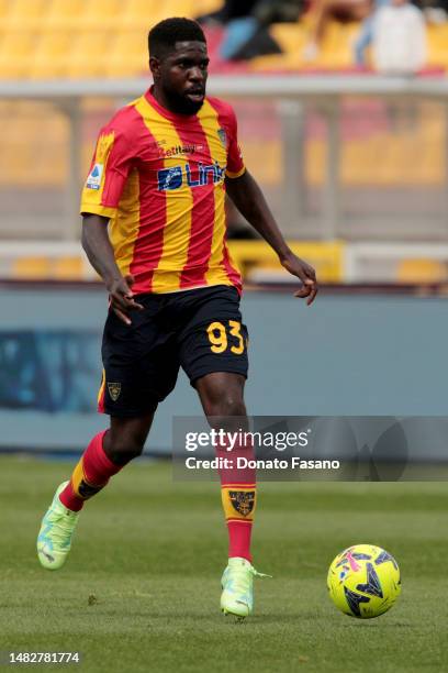 Samuel Umtiti of US Lecce during the Serie A match between US Lecce and UC Sampdoria at Stadio Via del Mare on April 16, 2023 in Lecce, Italy.