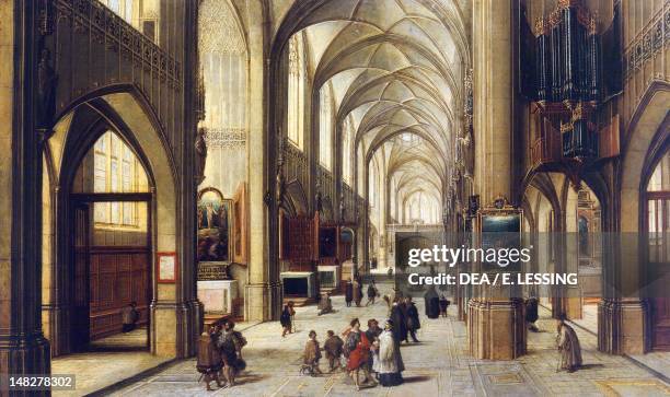 Interior of a gothic church, by Hendrick van Steenwijck the Elder . ; Dresda, Gemäldegalerie Alte Meister .