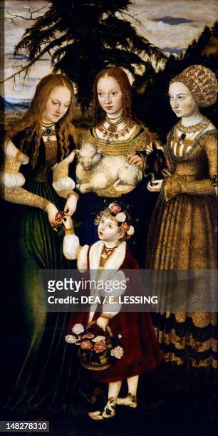 Saints Dorothea, Agnes and Kunigunde, west wing of the triptych of the Altar of St Catherine by Lucas Cranach the Elder , oil on wood. ; Dresda,...
