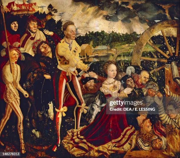 The Martyrdom of Saint Catherine central of the triptych of the Altar of St Catherine, by Lucas Cranach the Elder , oil on wood. ; Dresda,...