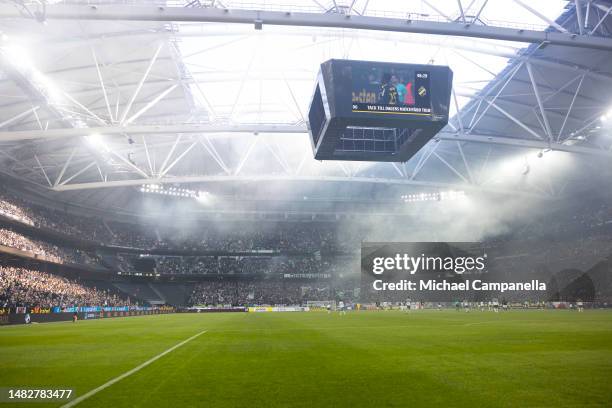 General view of the field of play during an Allsvenskan match between AIK and Hammarby IF at Friends Arena on April 16, 2023 in Solna, Sweden.