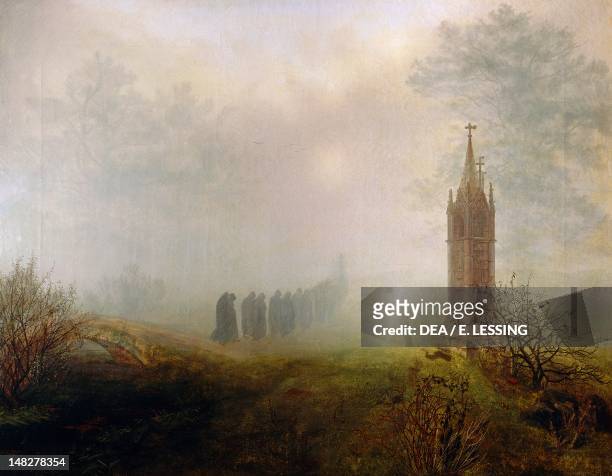 Procession in the fog by Ernst Ferdinand Oehme , oil on canvas, 82x106 cm. ; Dresda, Gemäldegalerie Neue Meister .