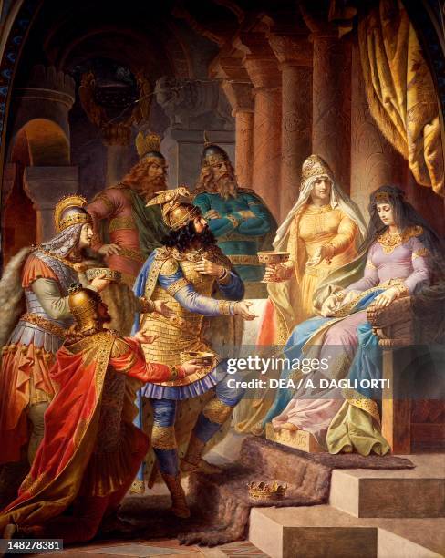Attila the Hun, asks Gudrun to become his wife, from the cycle The Ring of the Nibelung, by Wilhelm Ernst Ferdinand Franz Hauschild . Neuschwanstein...