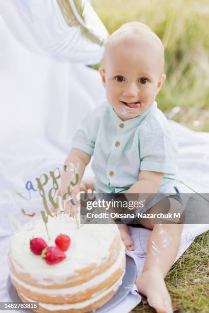 little boy crashed birthday cake - smash cake stock pictures, royalty-free photos & images