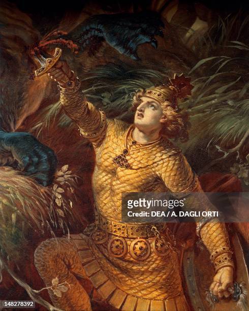Siegfried wielding the sword slays Fafner the dragon, from the cycle The Ring of the Nibelung, by Wilhelm Ernst Ferdinand Franz Hauschild ....