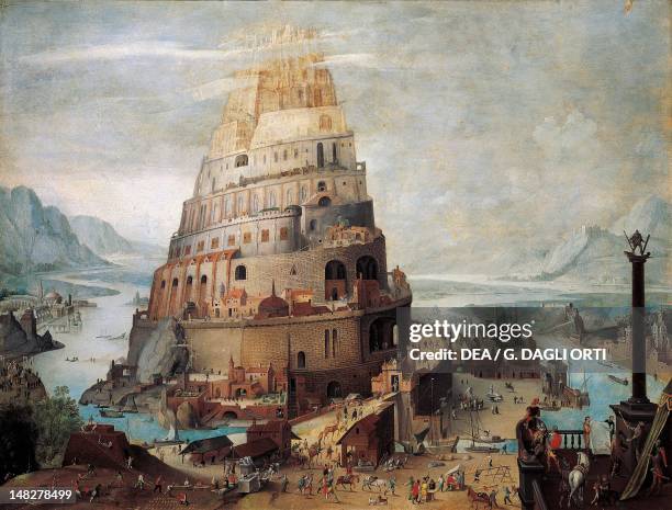 The construction of the tower of Babel, 16th century, by an unknown Flemish artist. ; Siena, Pinacoteca Nazionale , Buonsignori Palace.
