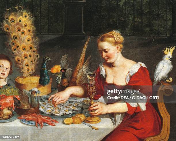 Woman eating oysters, detail from An Allegory of the Four Elements, Jan Bruegel the Elder, Velvet Bruegel . ; Madrid, Museo Del Prado.