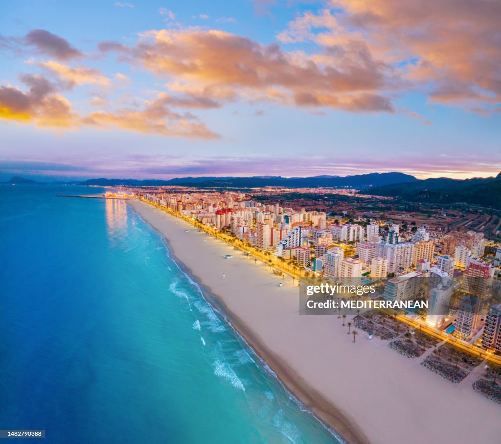 Gandía port Grao beach aerial skyline at sunset in Mediterranean Valencia
