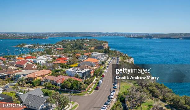 coast road city houses, sydney harbour, aerial view - ports nsw bildbanksfoton och bilder