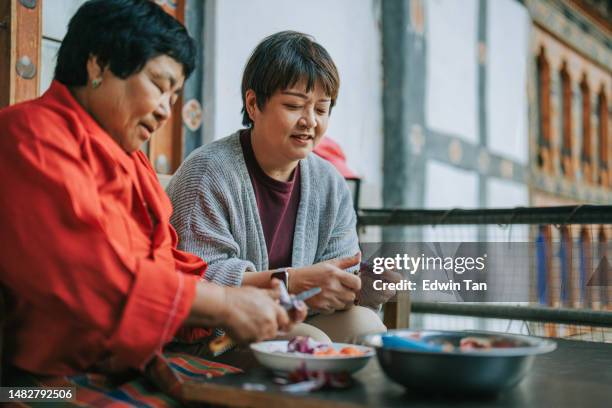 asian chinese female tourist experiential travel cutting potato in bhutanese farmhouse preparing food for dinner with bhutanese senior woman - experiential vacations stock pictures, royalty-free photos & images