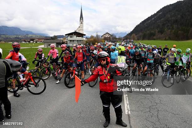 The race organisers stop the Peloton due to a wrong turn on the route during the 46th Tour of the Alps 2023, Stage 1 a 127.5km stage from Rattenberg...