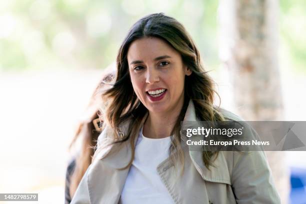 The Minister of Equality, Irene Montero, on her arrival to visit the exhibition 'What were you wearing' at the Museo del Traje, on 17 April, 2023 in...