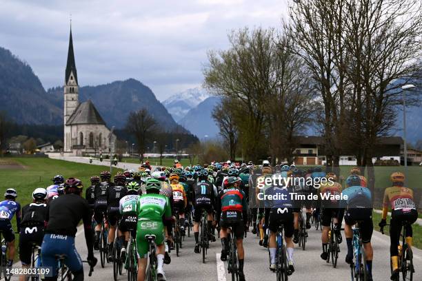 General view of the peloton competing through a mountainous landscape during the 46th Tour of the Alps 2023, Stage 1 a 127.5km stage from Rattenberg...