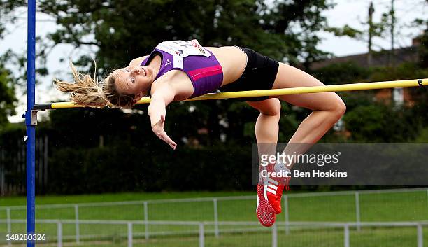 Emma Lowry of the Loughborough Students Athletics Club in action during the high jump competition at the Loughborough European Athletics Permit meet...