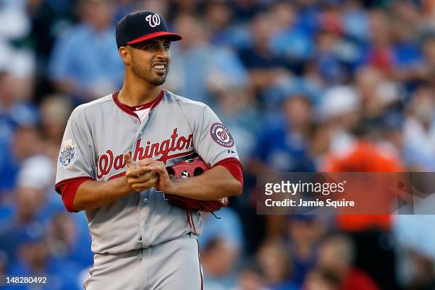 National League All-Star Gio Gonzalez of the Washington Nationals looks on while pitching in the third inning during the 83rd MLB All-Star Game at...