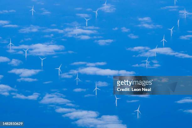 Wind farm in the North Sea is seen from onboard a plane on April 17, 2023 in flight - Region EMEA.