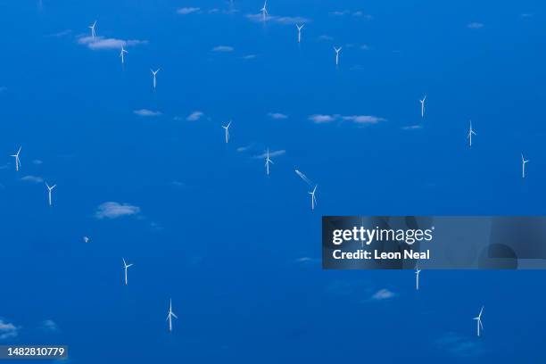 Wind farm in the North Sea is seen from onboard a plane on April 17, 2023 in flight - Region EMEA.