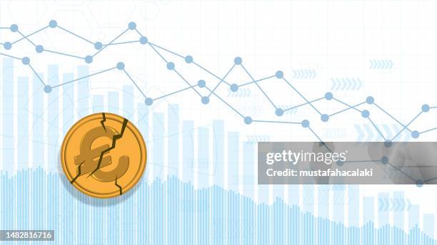 broken golden euro coin on a declining financial chart - european union coin stock illustrations