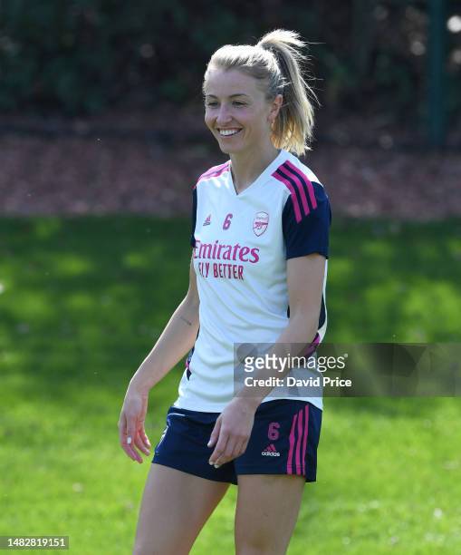 Leah Williamson of Arsenal during the Arsenal Women's training session at London Colney on April 17, 2023 in St Albans, England.