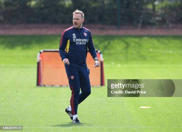Arsenal Women's Head Coach Jonas Eidevall during the Arsenal Women's training session at London Colney on April 17, 2023 in St Albans, England.