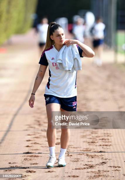 Gio Queiroz of Arsenal before the Arsenal Women's training session at London Colney on April 17, 2023 in St Albans, England.