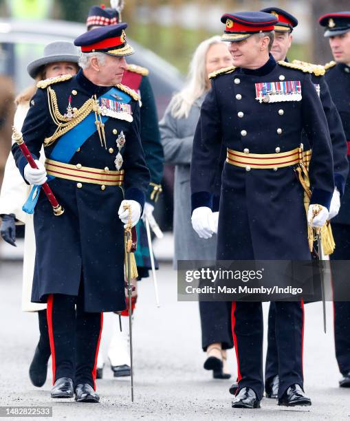 King Charles III accompanied by Major General Zac Stenning inspects the 200th Sovereign's parade at the Royal Military Academy Sandhurst on April 14,...