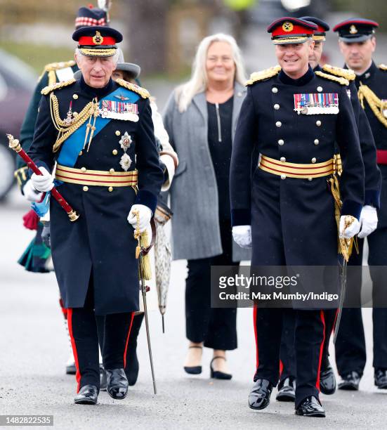 King Charles III accompanied by Major General Zac Stenning inspects the 200th Sovereign's parade at the Royal Military Academy Sandhurst on April 14,...