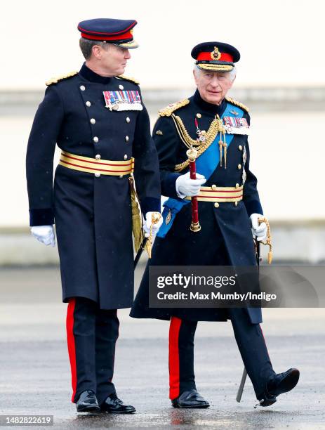 King Charles III accompanied by Major General Zac Stenning inspects the 200th Sovereign's parade at the Royal Military Academy Sandhurst on April 14,...