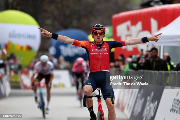 Tao Geoghegan Hart of United Kingdom and Team INEOS Grenadiers celebrates at finish line as stage winner during the 46th Tour of the Alps 2023, Stage...