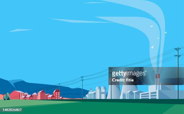 bildbanksillustrationer, clip art samt tecknat material och ikoner med the urban landscape of  towns and power station and vertical utility poles - nuclear power station