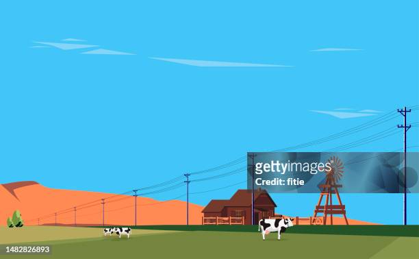 stockillustraties, clipart, cartoons en iconen met idyllic farm scene. holstein cattle and old windmill in a field - milk pumping